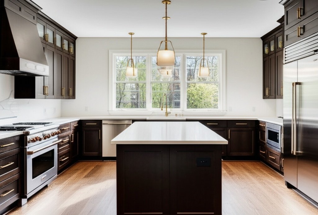 Luxurious modern kitchen remodel in Conroe with white quartz countertops and gold hardware